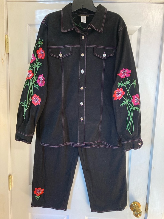 Bob Mackie Pants - Bob Mackie Black Embroidered Floral Pantsuit with Pink & Green Accents